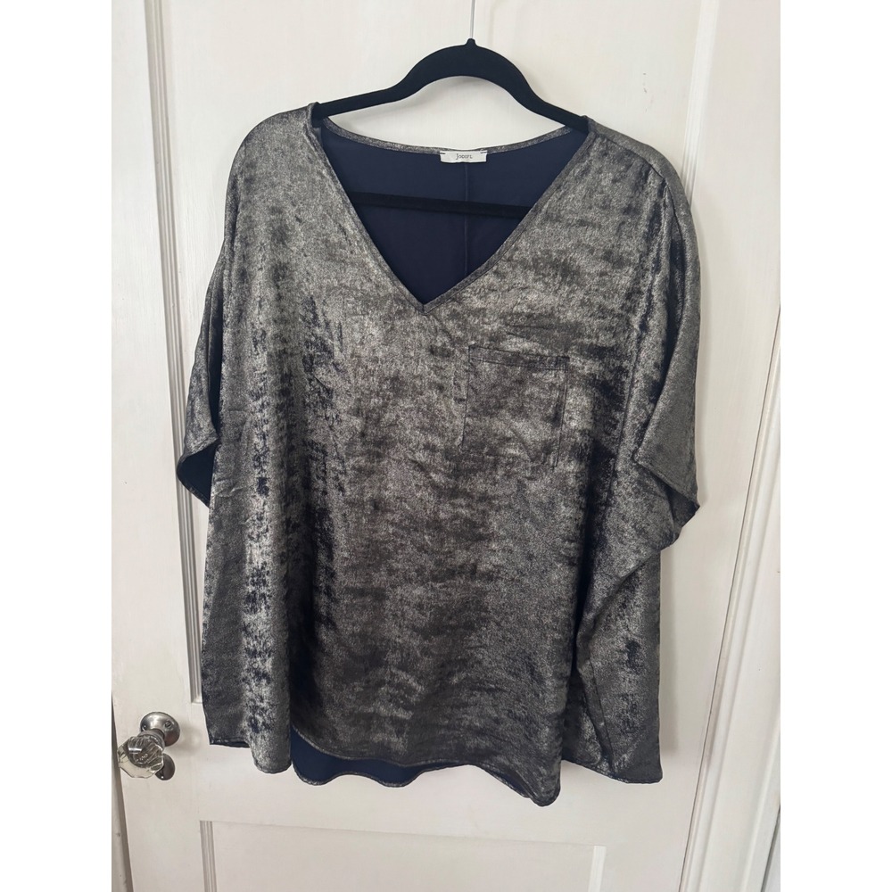Jodifl Womens Metallic Silver Navy Blue V-Neck Pocket Top Oversized Short Sleeve